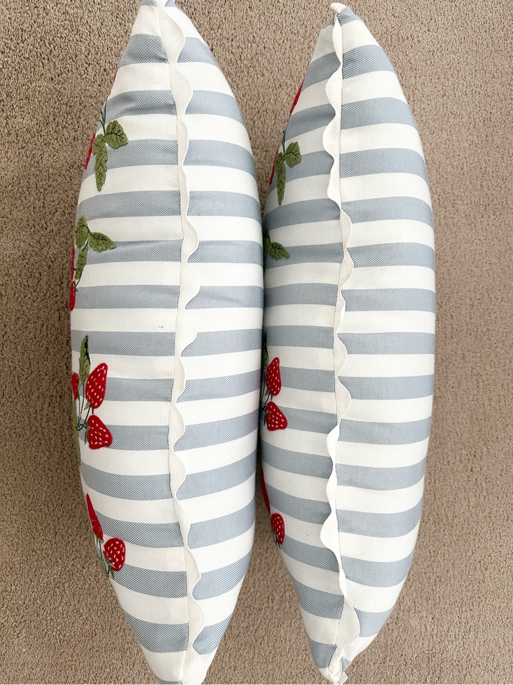 Set of 2 Strawberry Embroidered Blue & White Stripes Indoor/Outdoor Throw Pillow - Picture 4 of 17
